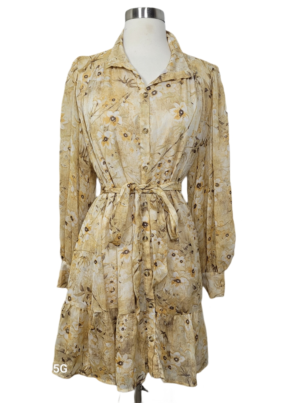 Aakaa Beige Floral Long-Sleeve Tie-Waist Feminine Cottagecore Boho Dress Size M